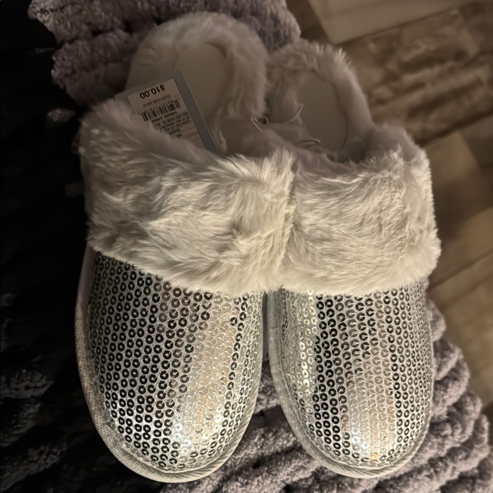 Kids Silver Sequin Fur Slippers